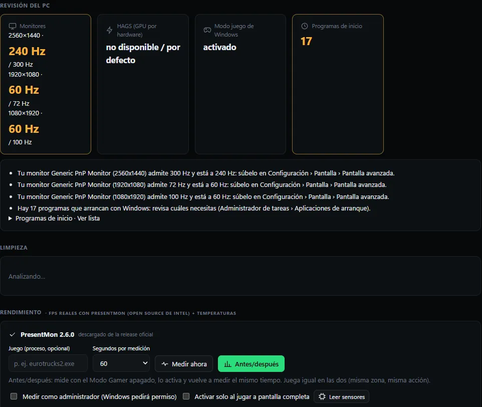 Panel del Modo Gamer: revisión de monitores, HAGS, modo juego, programas de inicio y medición con PresentMon 2.6.0