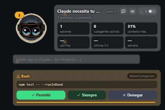La isla flotante de APOLO: el casco con un aviso ámbar y una tarjeta de Bash con Permitir, Siempre y Denegar