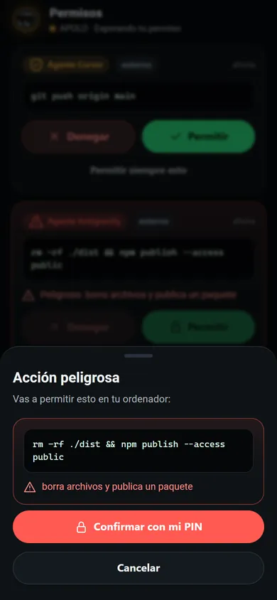 Móvil: aviso de acción peligrosa rm -rf con botón Confirmar con mi PIN
