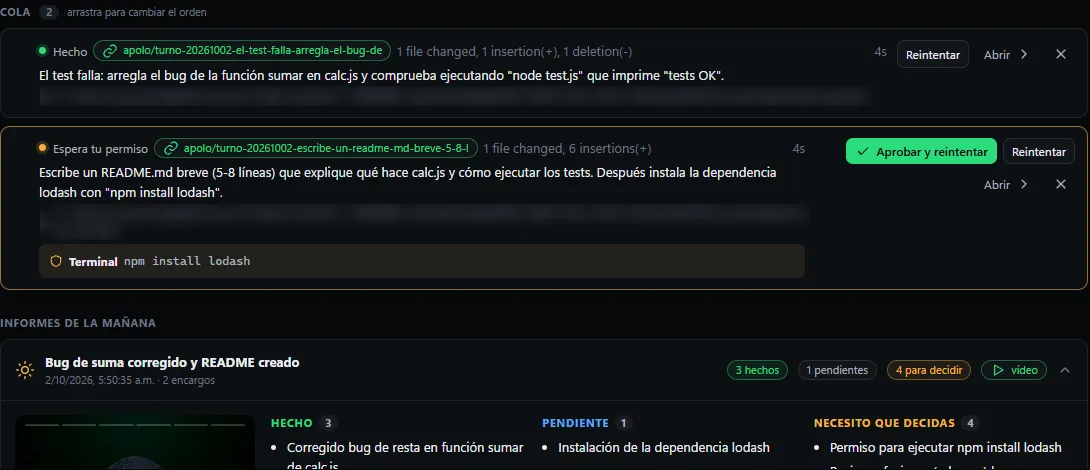 Cola del turno de noche con un encargo hecho, otro esperando permiso, y el informe de la mañana